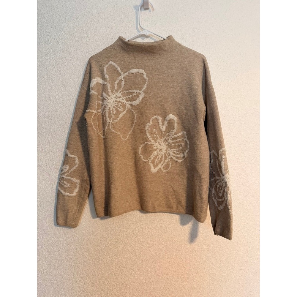 Rachel Zoe Tan Beige Floral Mock Neck Knit Sweater Women Medium GS5β